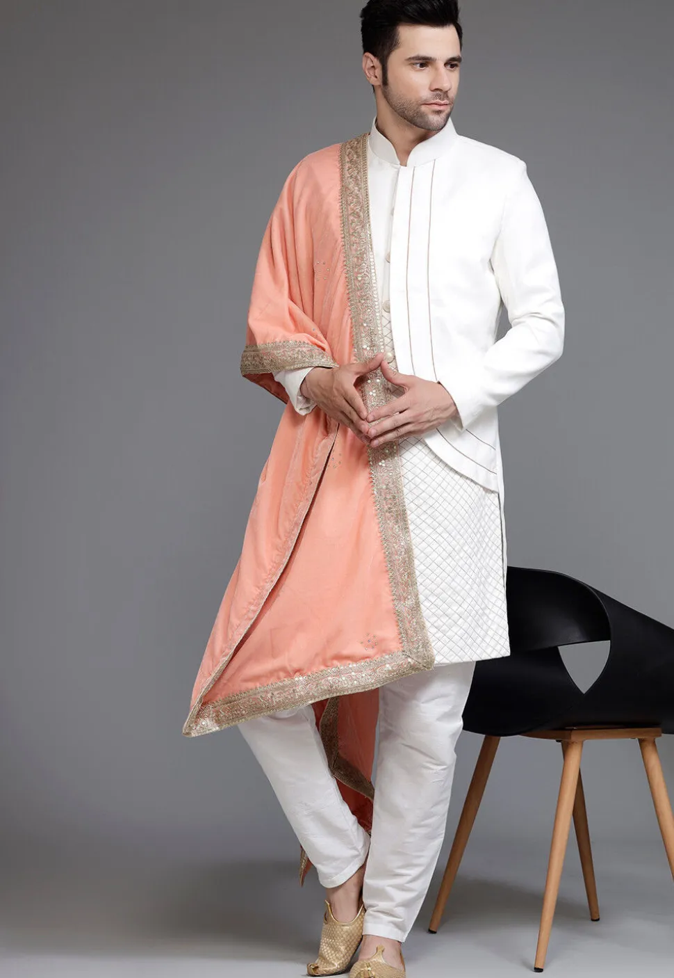 Embroidered Suede Sherwani in Off White
