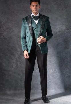 Embroidered Suede Tuxedo Set in Dark Green