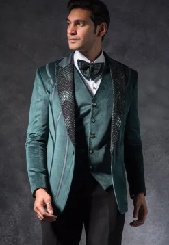 Embroidered Suede Tuxedo Set in Dark Green