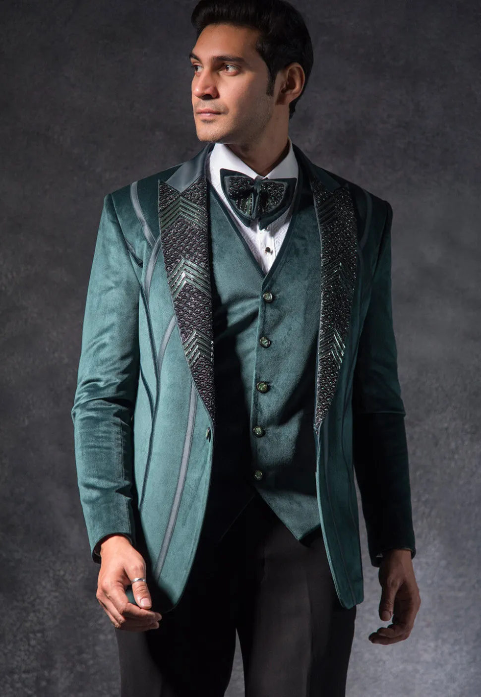 Embroidered Suede Tuxedo Set in Dark Green