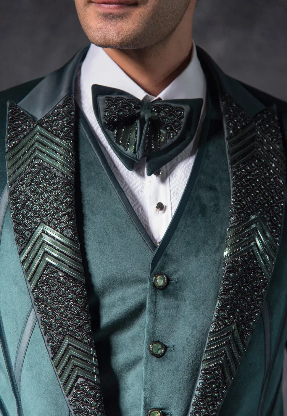 Embroidered Suede Tuxedo Set in Dark Green