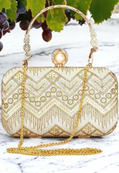 Embroidered Synthetic Rectangular Clutch Bag in Light Beige