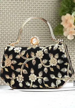 Embroidered Synthetic Rectangular Clutch Bag in Black