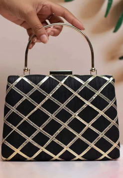 Embroidered Synthetic Rectangular Clutch Bag in Black