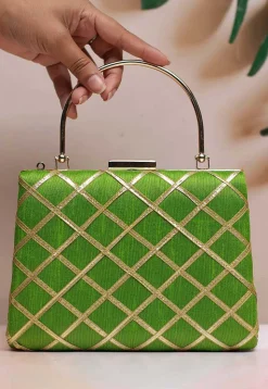 Embroidered Synthetic Rectangular Clutch Bag in Light Green