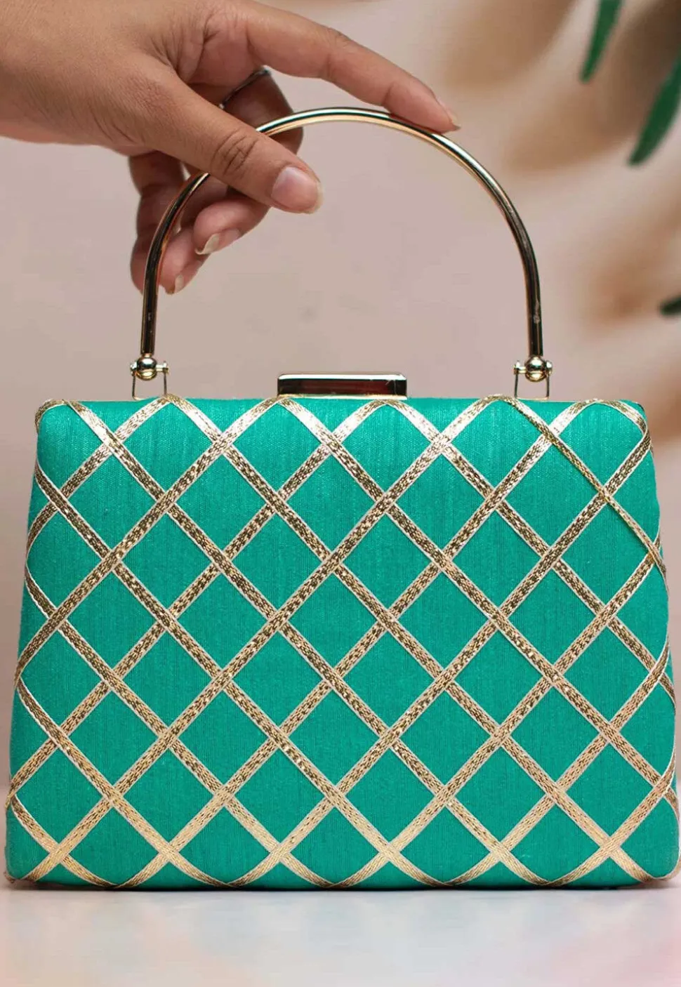 Embroidered Synthetic Rectangular Clutch Bag in Turquoise