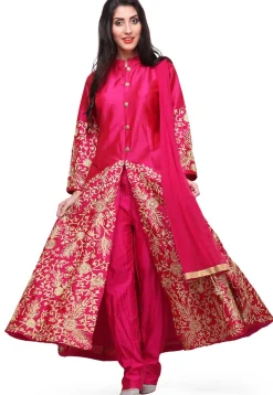 Embroidered Taffeta Silk Front Slit Pakistani Suit in Fuchsia