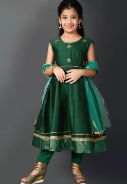 Embroidered Taffeta Silk Anarkali Suit in Dark Green