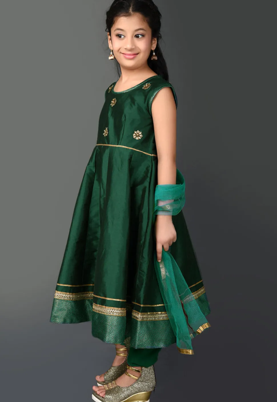 Embroidered Taffeta Silk Anarkali Suit in Dark Green
