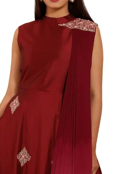 Embroidered Taffeta Silk Gown in Maroon