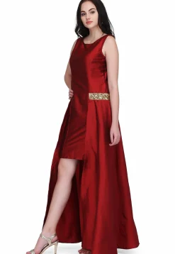 Embroidered Taffeta Silk Maxi Dress in Maroon