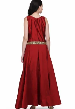 Embroidered Taffeta Silk Maxi Dress in Maroon