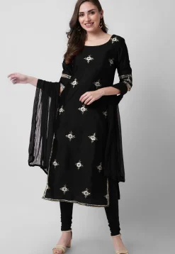 Embroidered Taffeta Silk Straight Suit in Black