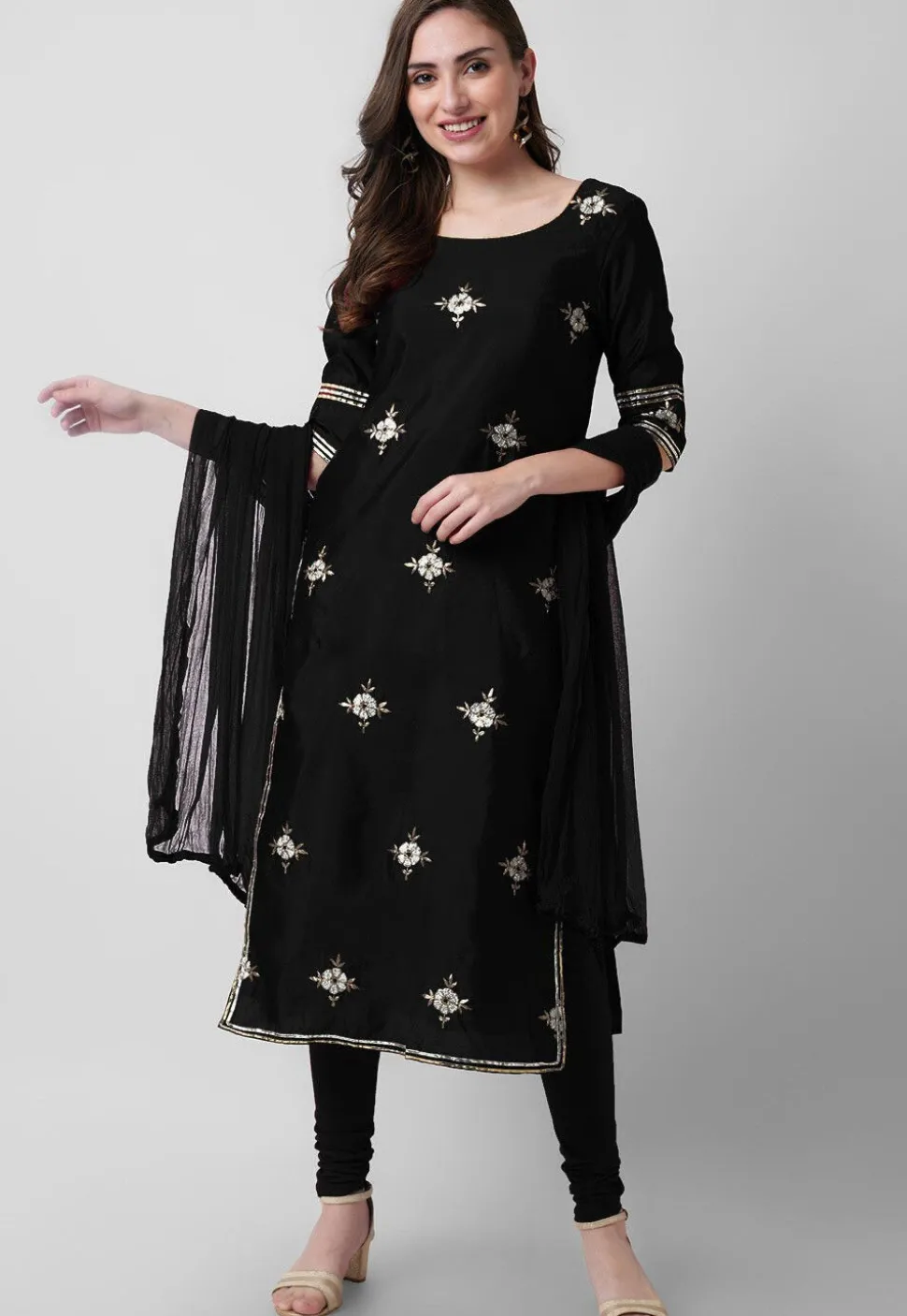 Embroidered Taffeta Silk Straight Suit in Black