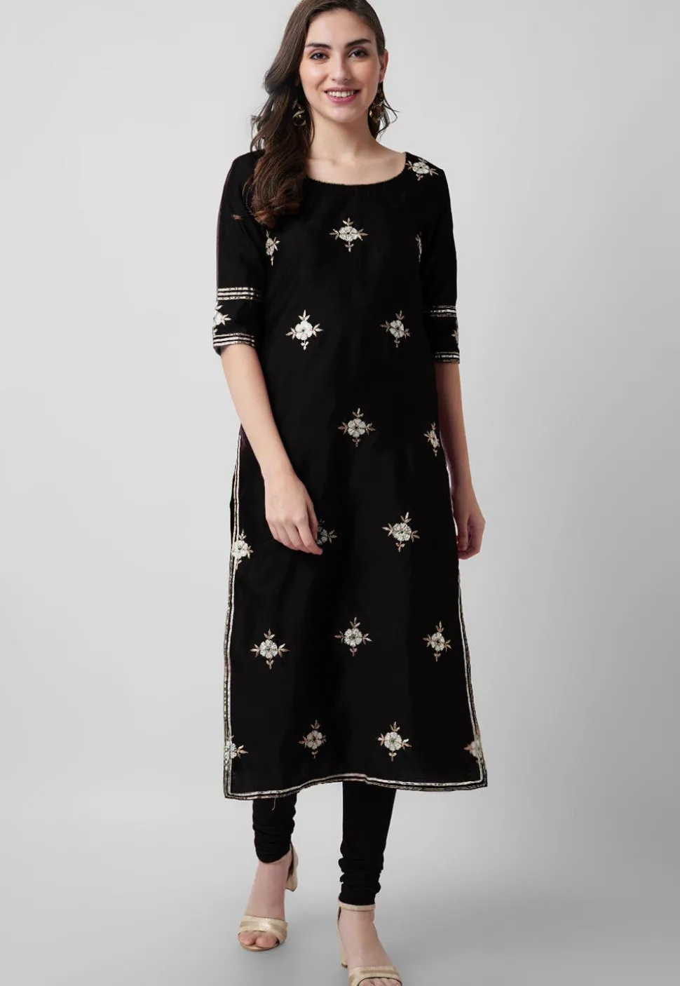 Embroidered Taffeta Silk Straight Suit in Black
