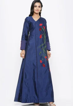 Embroidered Taffeta Silk Gown Set in Navy Blue