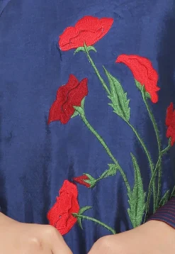 Embroidered Taffeta Silk Gown Set in Navy Blue