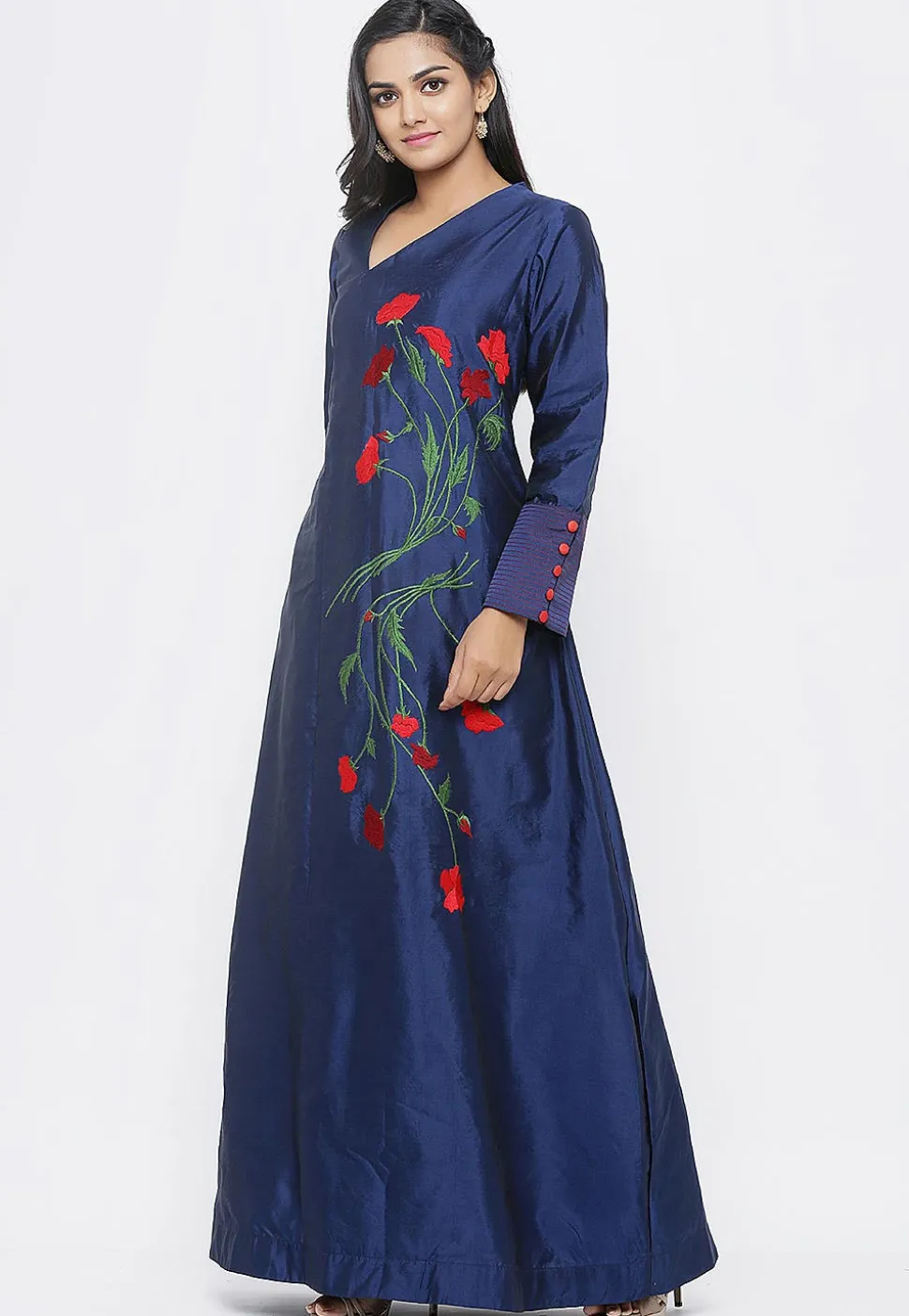 Embroidered Taffeta Silk Gown Set in Navy Blue
