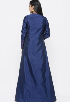 Embroidered Taffeta Silk Gown Set in Navy Blue