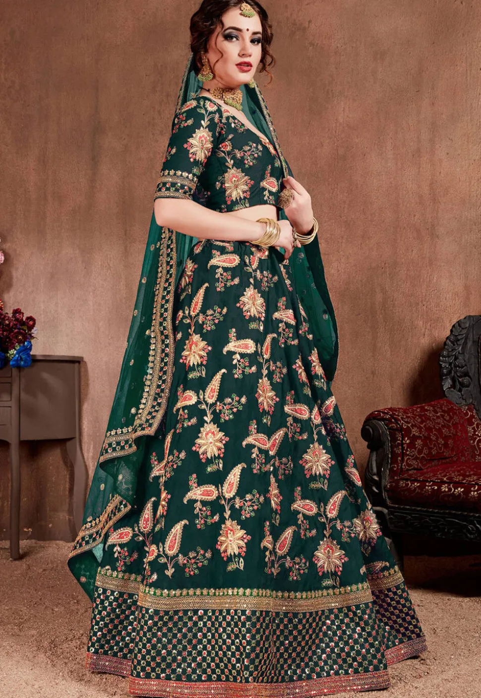 Embroidered Taffeta Silk Lehenga in Green