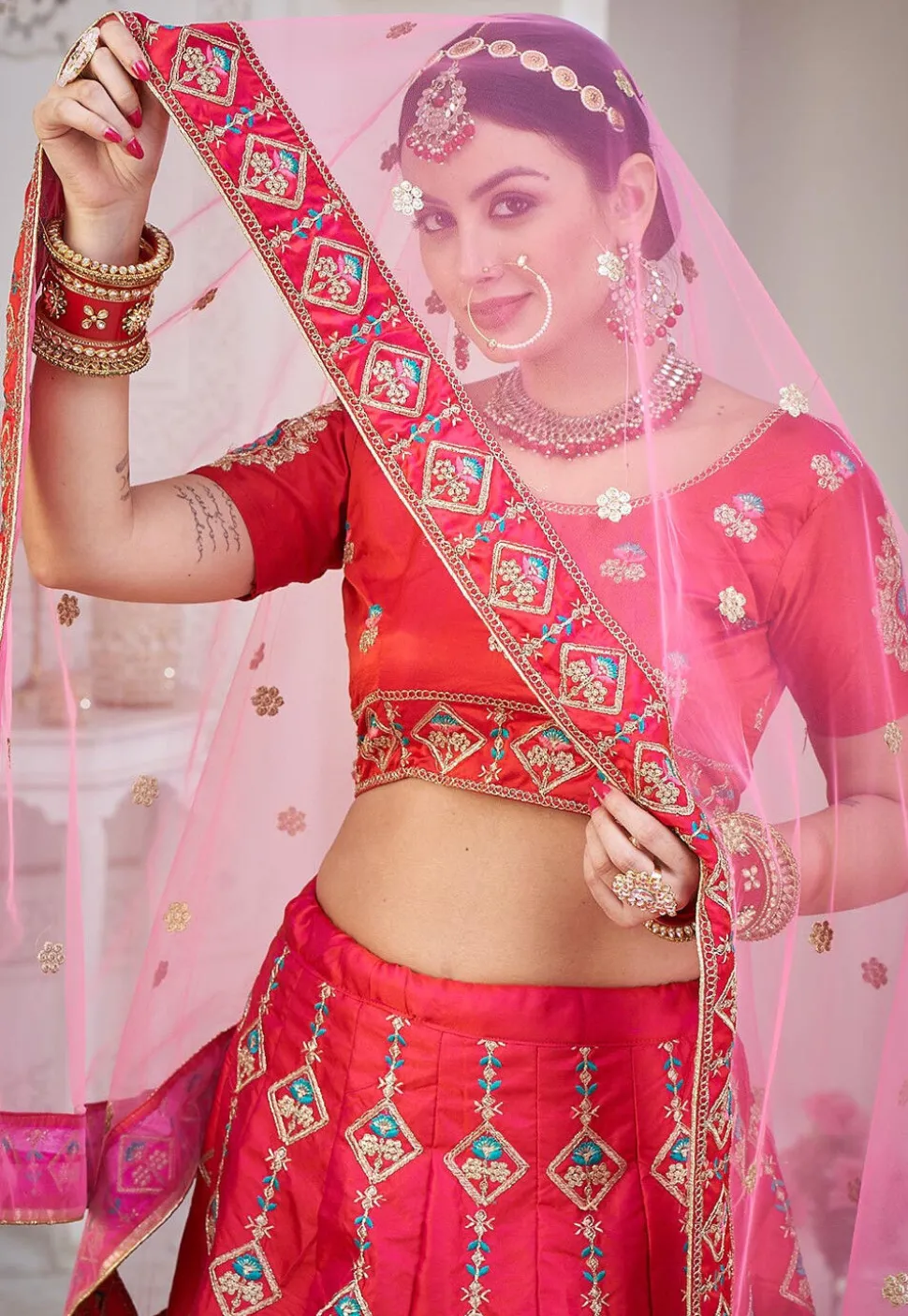 Embroidered Taffeta Silk Lehenga in Dark Pink