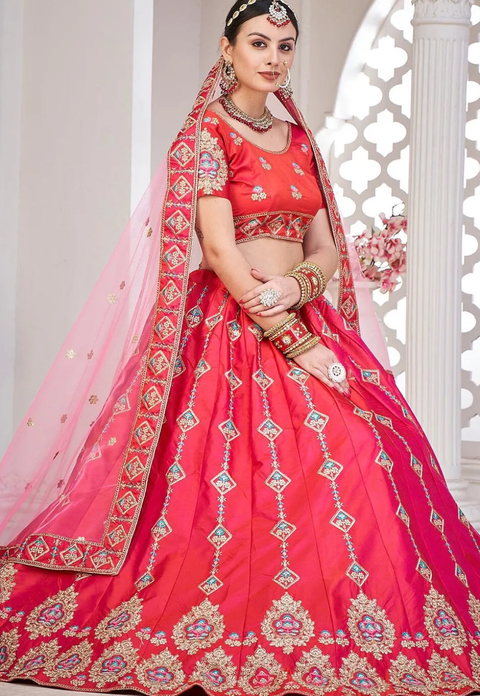 Embroidered Taffeta Silk Lehenga in Dark Pink