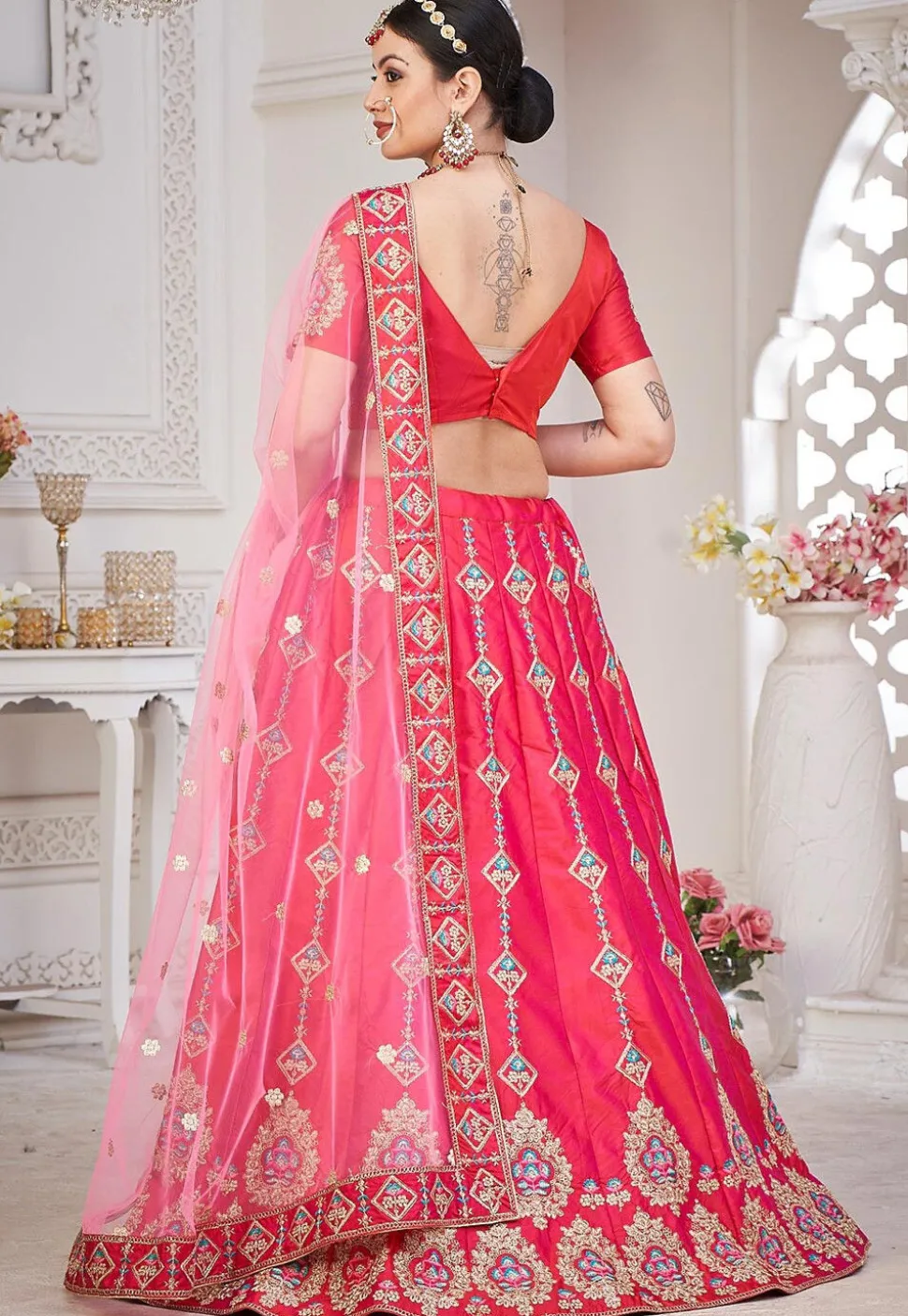 Embroidered Taffeta Silk Lehenga in Dark Pink