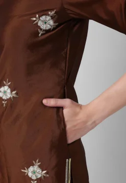 Embroidered Taffeta Silk Straight Suit in Brown