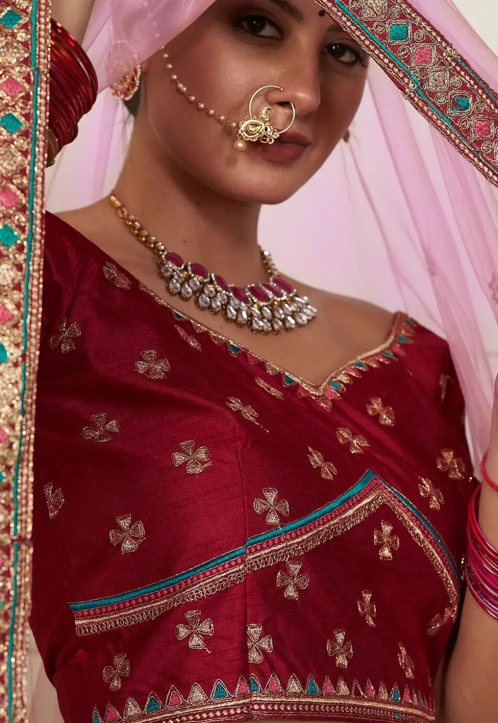 Embroidered Taffeta Silk Lehenga in Magenta