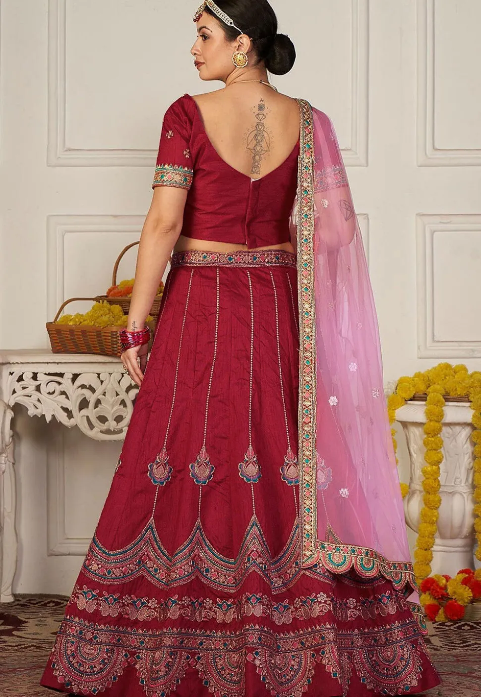 Embroidered Taffeta Silk Lehenga in Magenta
