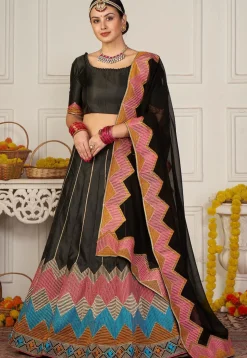 Embroidered Taffeta Silk Lehenga in Black
