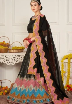 Embroidered Taffeta Silk Lehenga in Black
