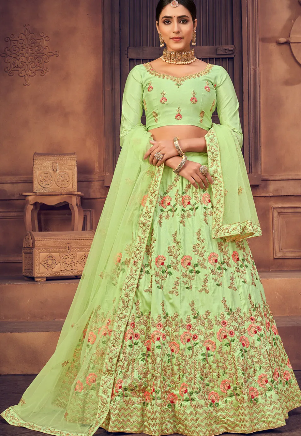 Embroidered Taffeta Silk Lehenga in Light Green