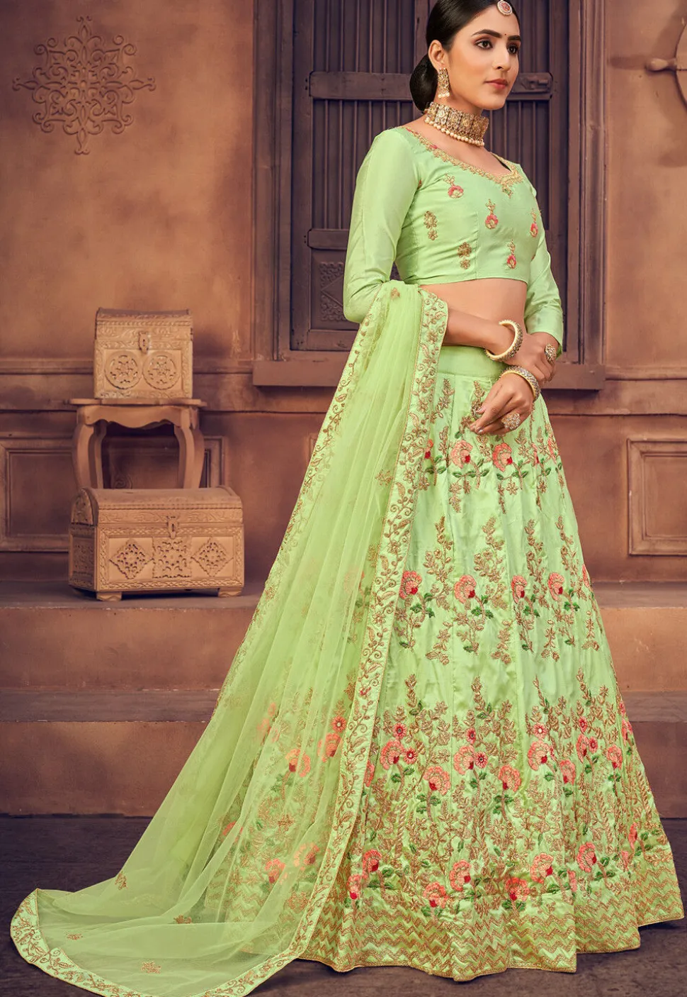 Embroidered Taffeta Silk Lehenga in Light Green