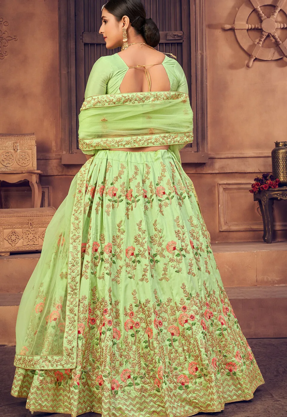 Embroidered Taffeta Silk Lehenga in Light Green