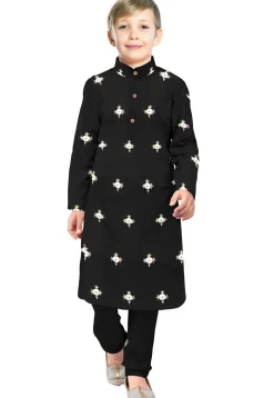 Embroidered Taffeta Silk Kurta Set in Black