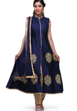 Embroidered Taffeta Silk Front Slit Pakistani Suit in Dark Blue