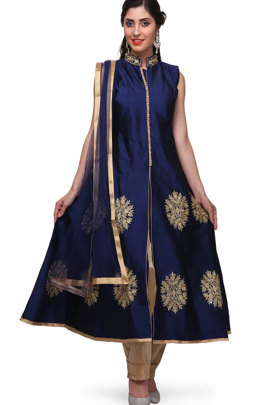 Embroidered Taffeta Silk Front Slit Pakistani Suit in Dark Blue