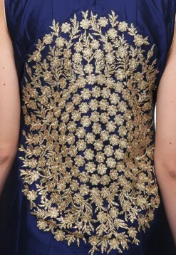 Embroidered Taffeta Silk Front Slit Pakistani Suit in Dark Blue