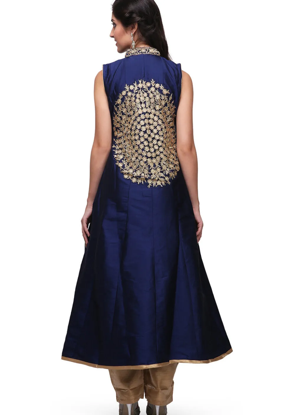 Embroidered Taffeta Silk Front Slit Pakistani Suit in Dark Blue