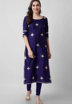 Embroidered Taffeta Silk Straight Suit in Navy Blue
