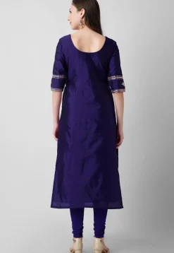 Embroidered Taffeta Silk Straight Suit in Navy Blue
