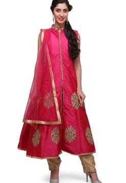 Embroidered Taffeta Silk Front Slit Pakistani Suit in Fuchsia