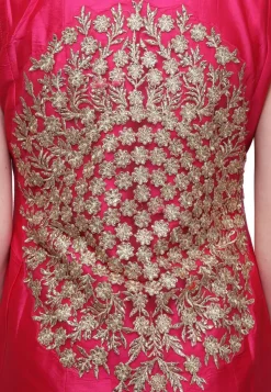 Embroidered Taffeta Silk Front Slit Pakistani Suit in Fuchsia
