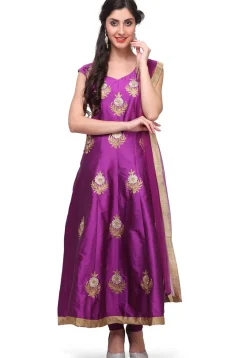 Embroidered Taffeta Silk Anarkali Suit in Purple