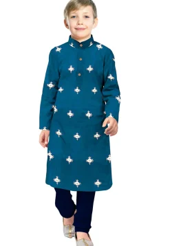 Embroidered Taffeta Silk Kurta Set in Teal Blue