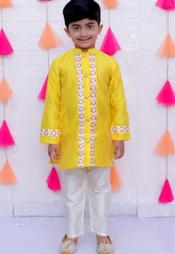 Embroidered Taffeta Silk Sherwani Set in Yellow