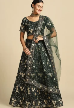Embroidered Taffeta Silk Lehenga in Dark Green