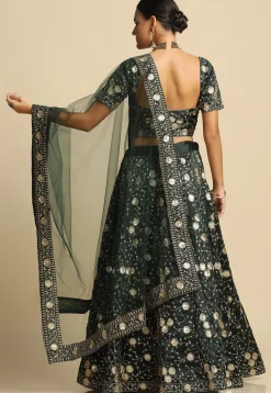 Embroidered Taffeta Silk Lehenga in Dark Green