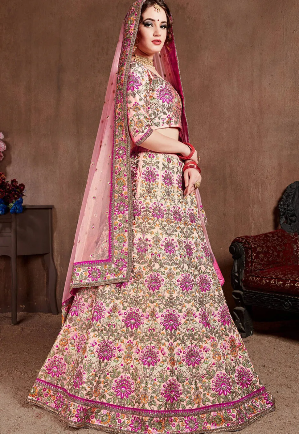Embroidered Taffeta Silk Lehenga in Pink